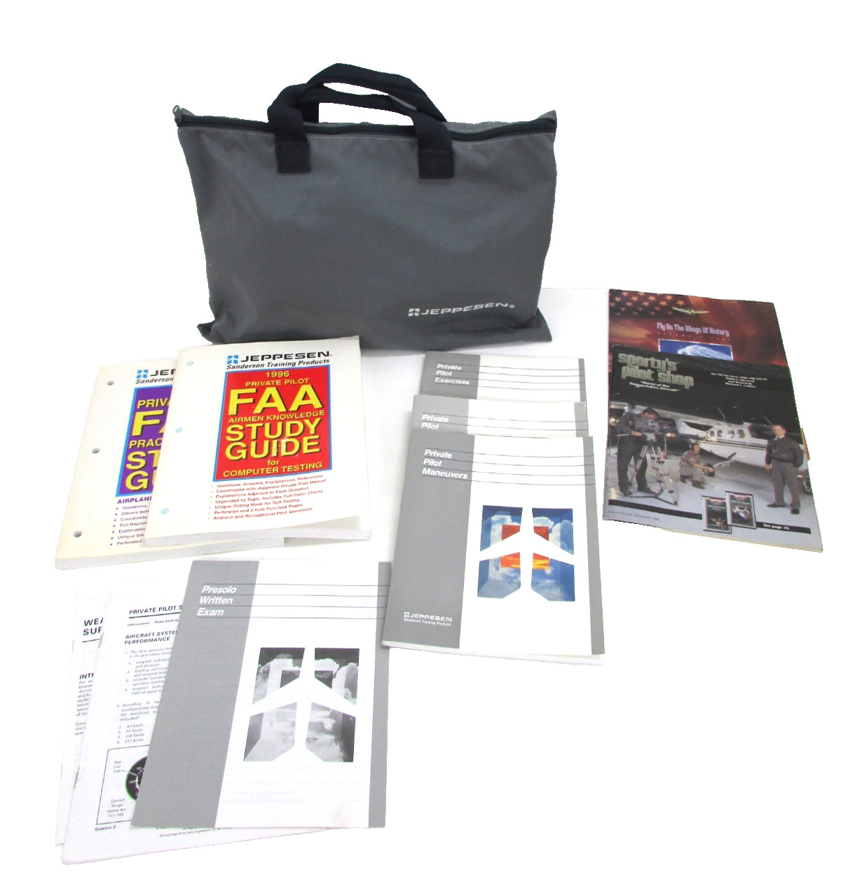 JEPPESEN SANDERSON BAG w/ 1996 FAA STUDY GUIDES & TRAINING PRODUCTS