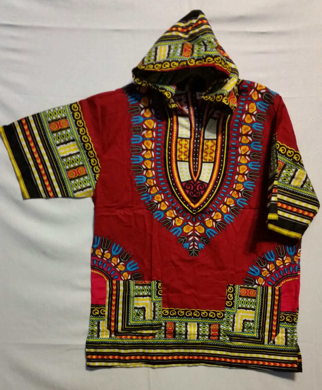Men Women African Dashiki Hoodie Top W/ Hood Traditional Burgundi Yellow S M L