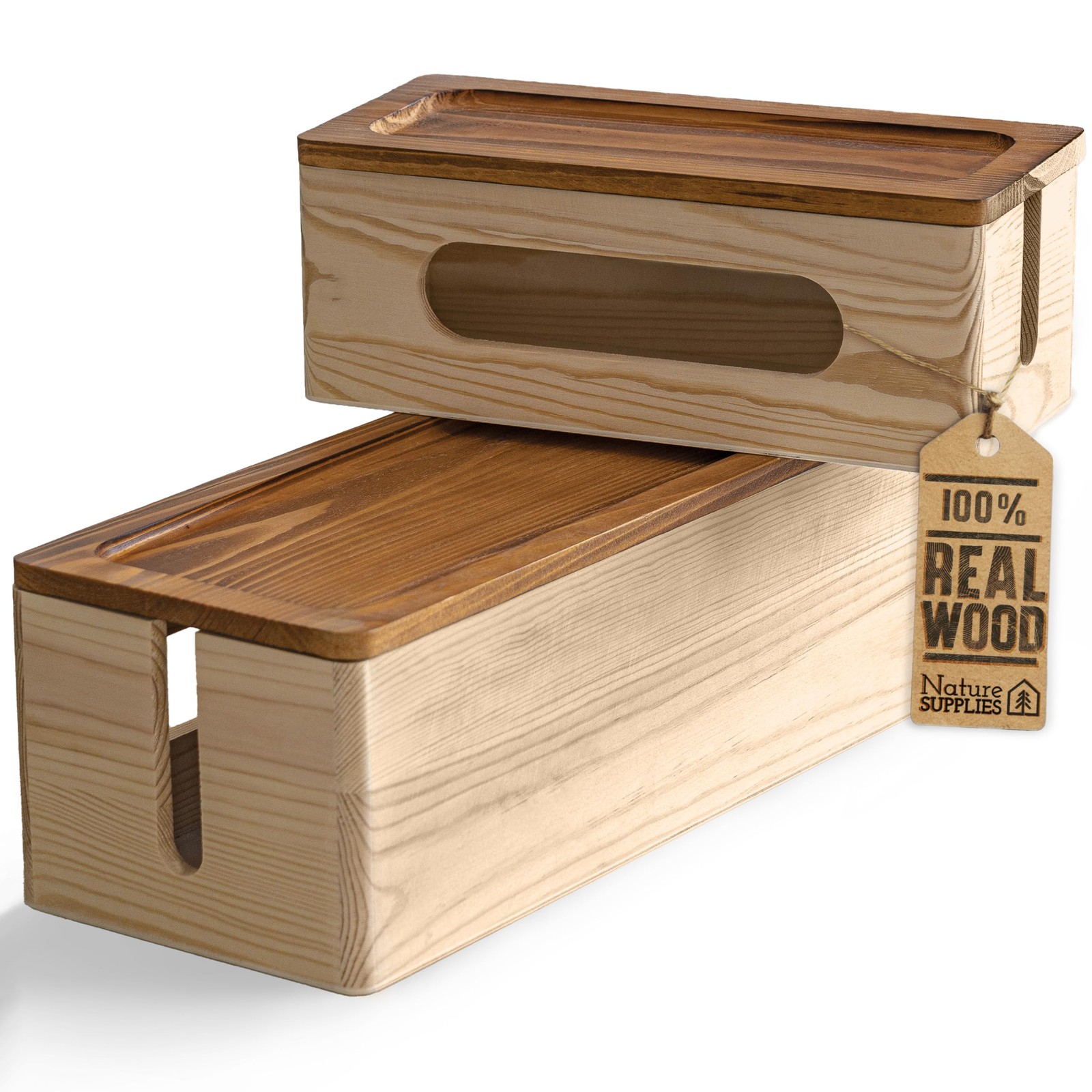 NATURE SUPPLIES Set of Two Natural Wood Cable Management Box, Large and Mediu...