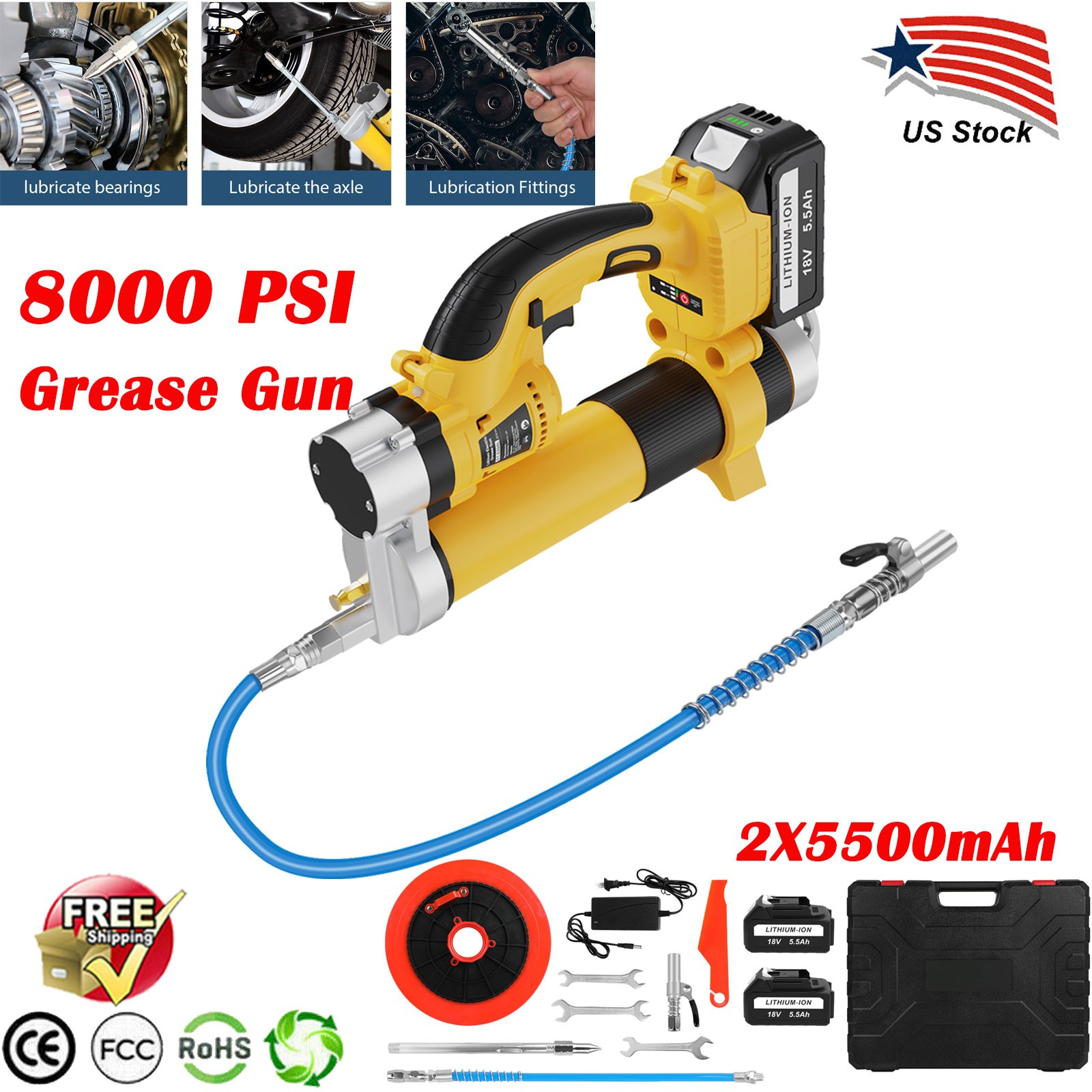Electric Cordless Grease Gun 8000 PSI 2x 5.5Ah Battery For Makita US Charger LED