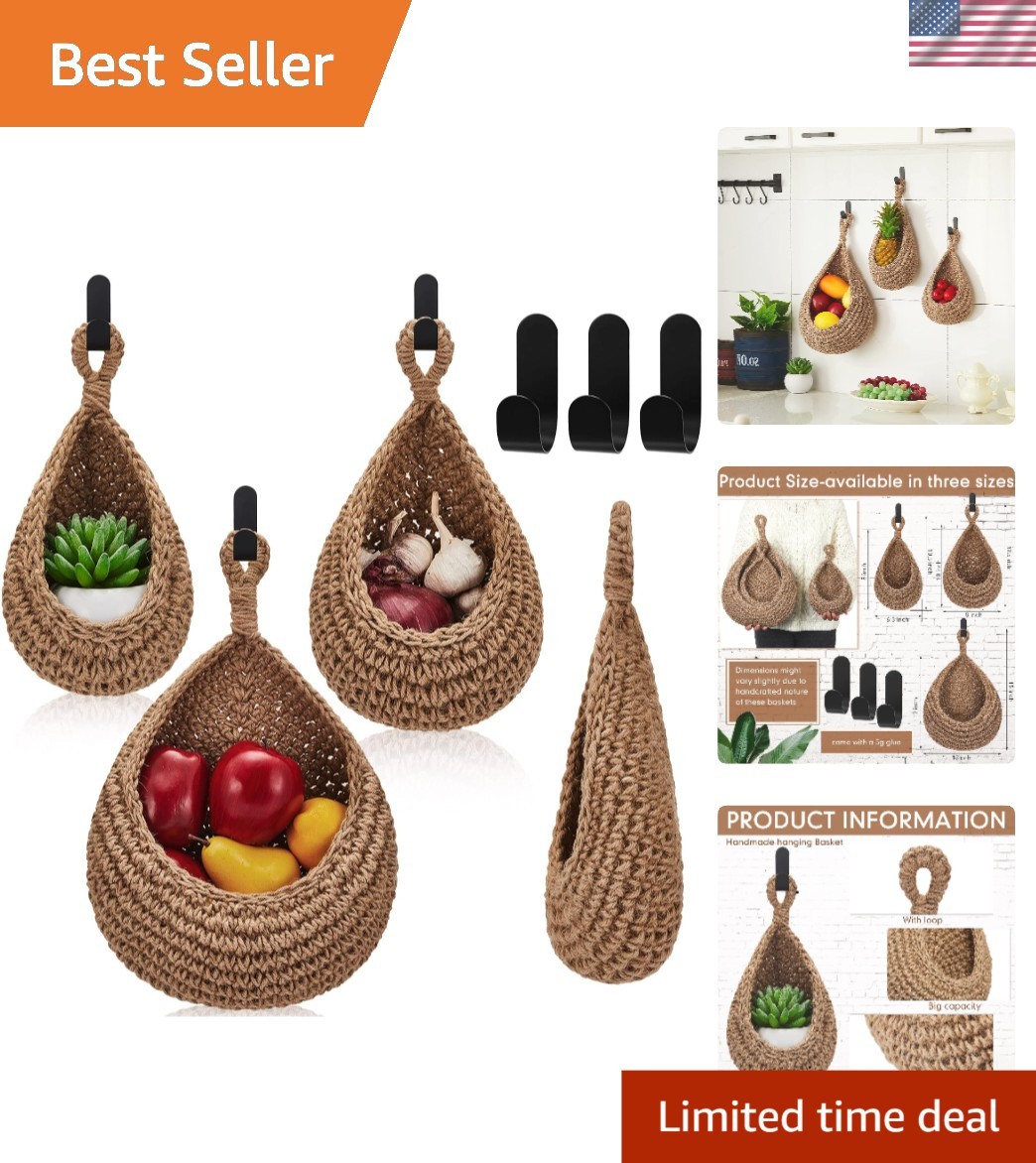 Elegant Boho Wall Baskets Set - 3 Teardrop Jute Hanging Organizers for Kitchen