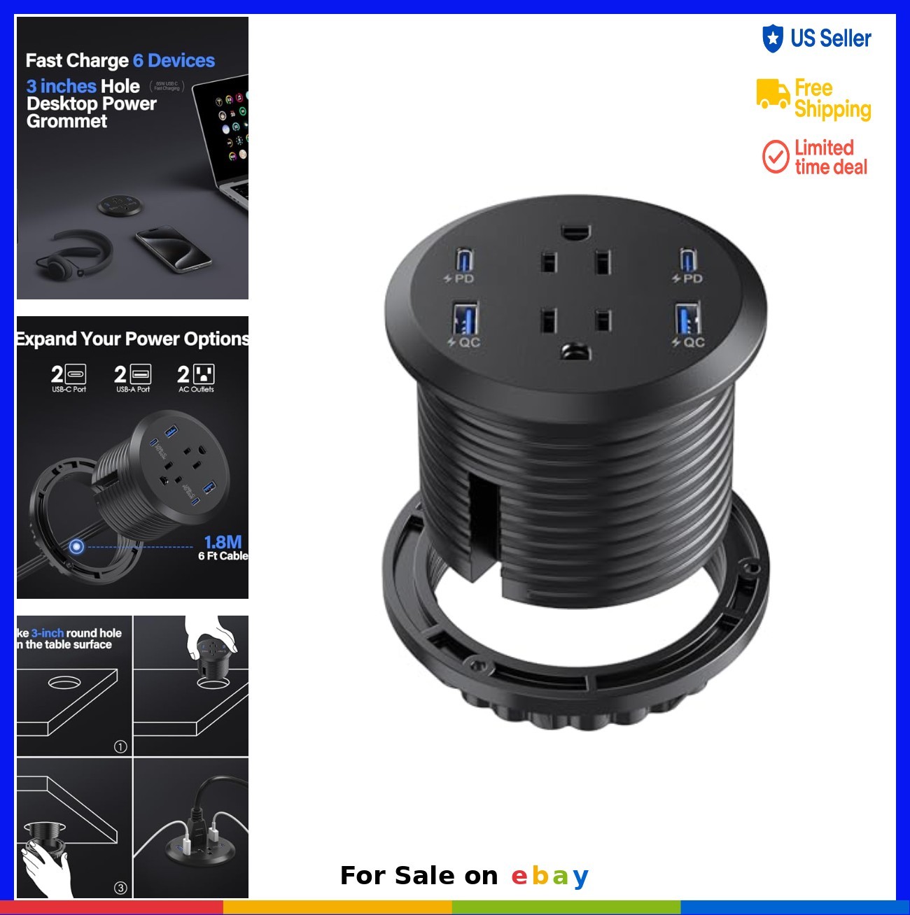 Recessed Power Grommet 65W USB-C 2 Outlets 4 USB Ports 3 Inch Hole Flush Mount