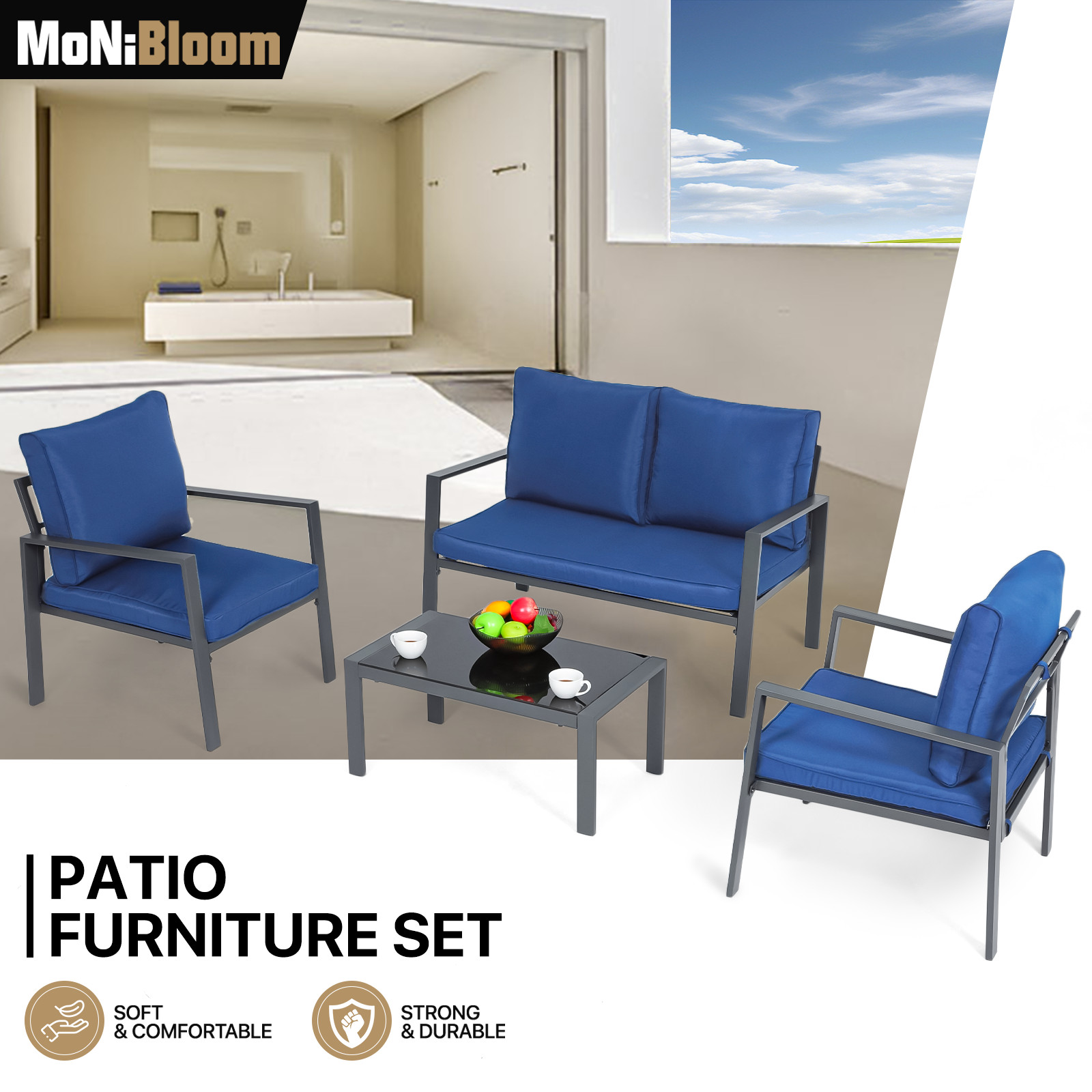 Patio Furniture Set of 4,Modern Outdoor Furniture Glass Table+Breathable Cushion