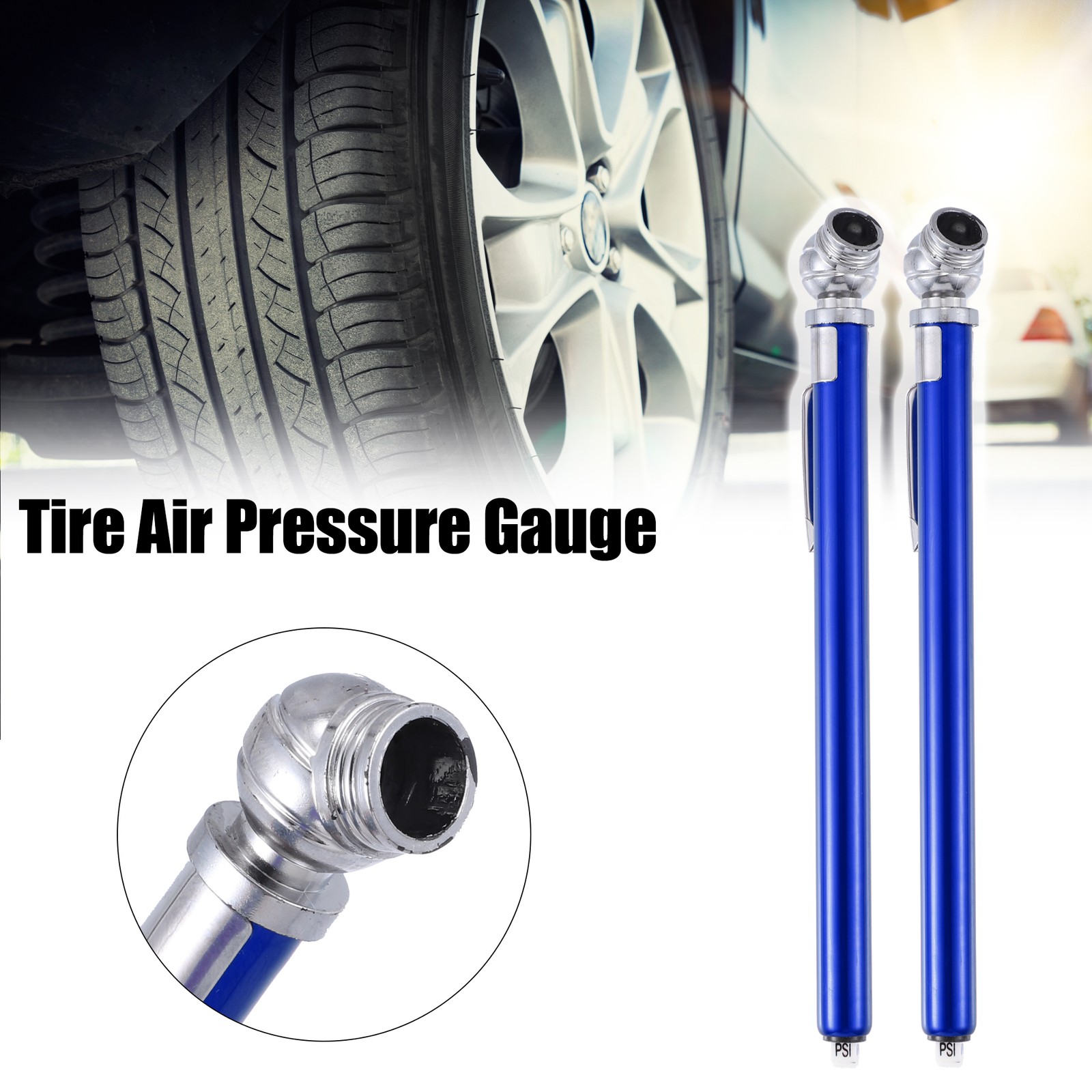 2pcs 10-100PSI Dual Head Truck Pen Tyre Tire Air Pressure Gauge Air Gauge Blue