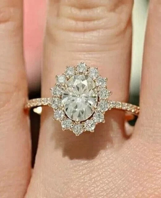 Real Moissanite 4Ct Oval Cut Halo Women's Engagement Ring 14K Yellow Gold Plated