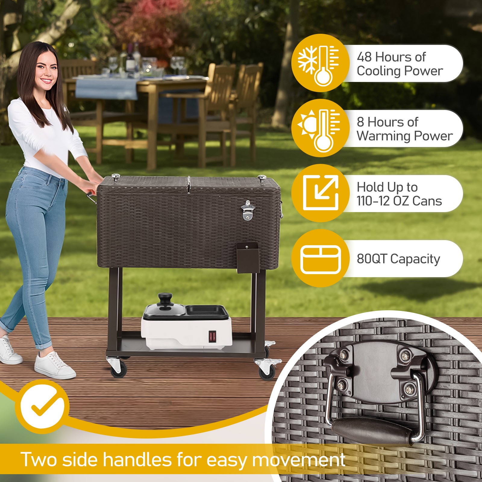 80QT Rattan Square Legs Cooler with Shelf
