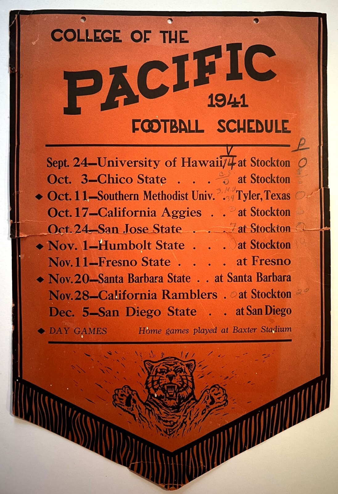 COLLEGE OF THE PACIFIC 1941 WALL POSTER FOOTBALL SCHEDULE * AMOS STAGG * RARE!!!