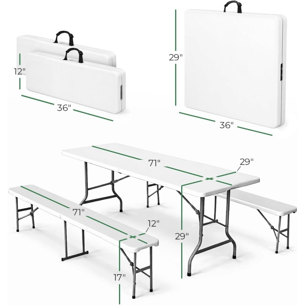 6 Ft White Plastic Folding Table Set with 2 Benches – Heavy-Duty Picnic Table