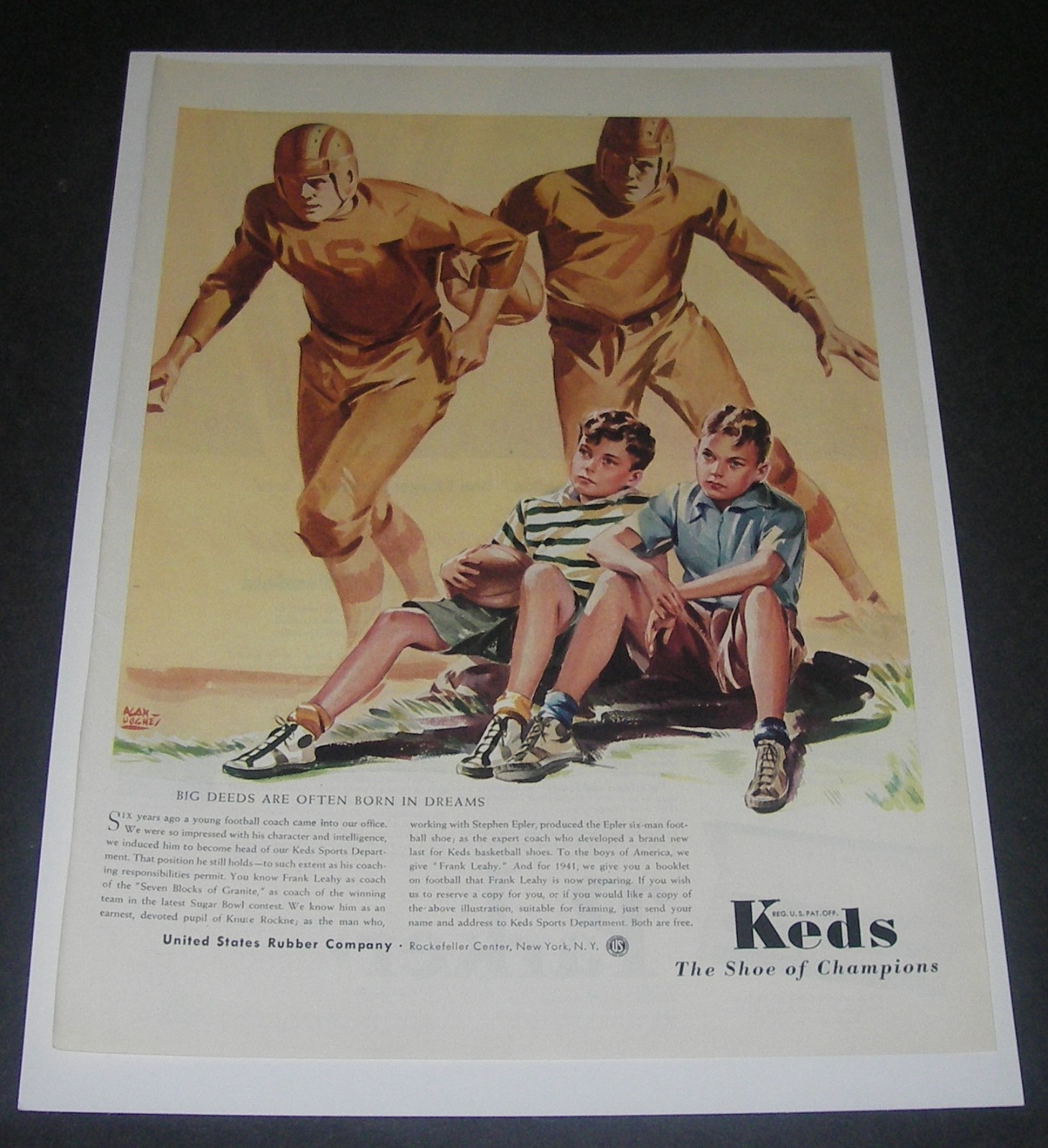 Print Ad 1941 FOOTWEAR Keds U S Rubber ART Alan Hughey Boys football dreams.