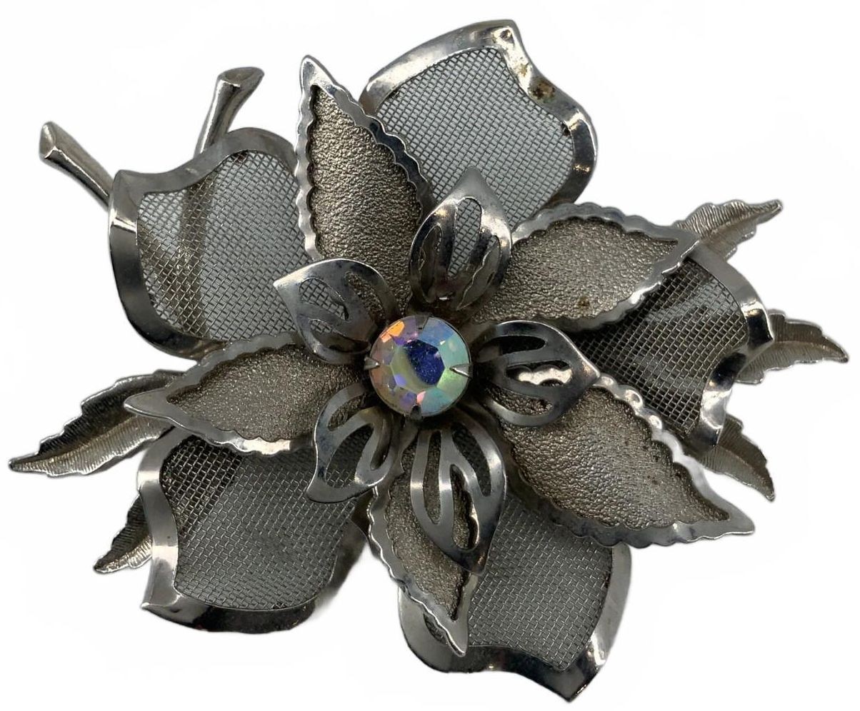 Vintage Silver Tone Mesh Mid Century Flower Brooch Aurora Borealis Rhinestone