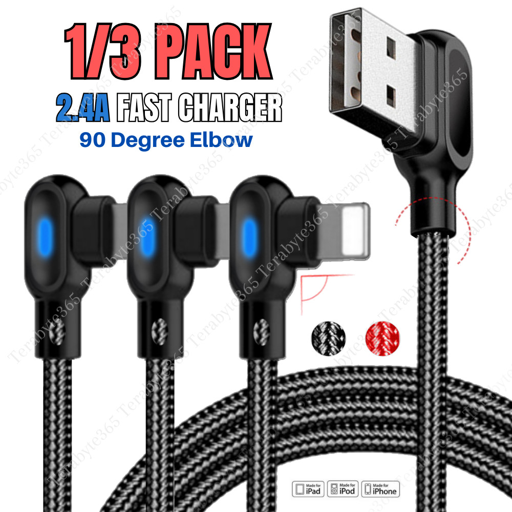 6FT 3FT 90° Right Angle USB Fast Charger Cable For iPhone 14 13 12 11 8 XR Cord