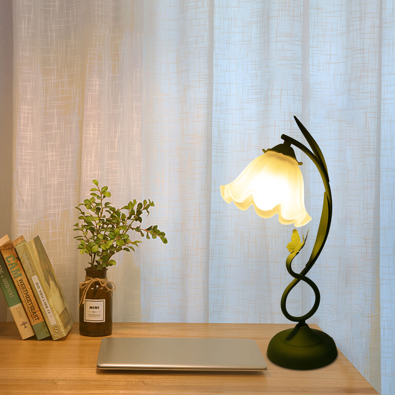 Flower Shape Glass Table Lamp Bedside Desk Light Fixture Green Reading Lamp...