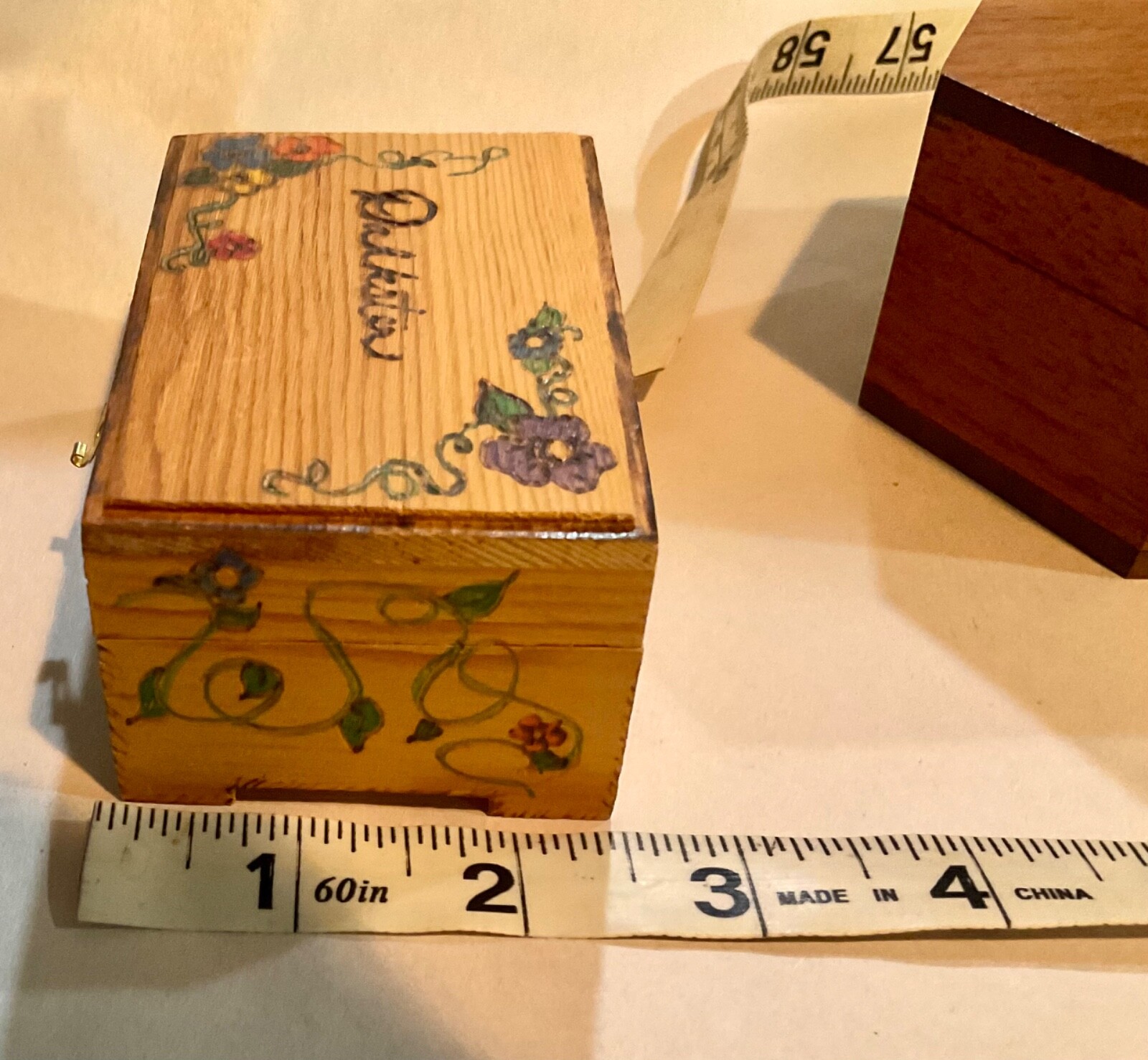 2 small, wood, hinged trinket boxes , 1 hand painted