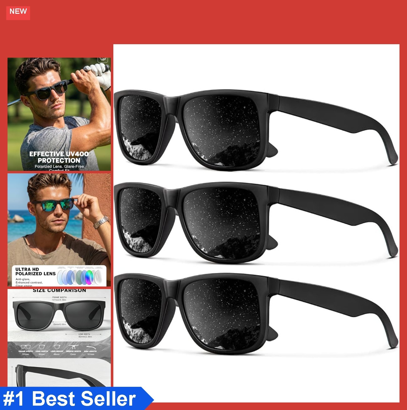 Polarized Sunglasses 3 Pack UV Blocking Rectangle Men Women Matte Black Frame