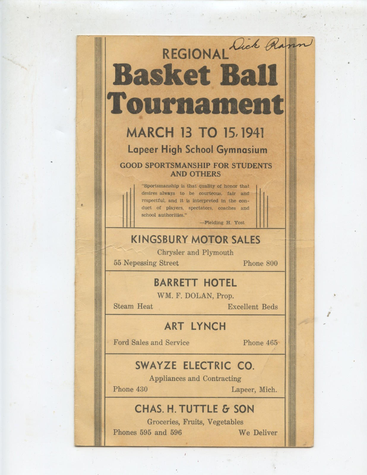 1941 MICHIGAN HIGH SCHOOL REGIONAL  BASKETBALL TOURNAMENT PROGRAM (AT LAPEER)