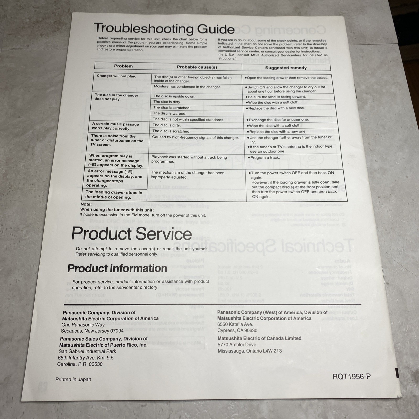 *Owners Manual Instructions Only* For Panasonic SL-PD347 Compact Disc Changer