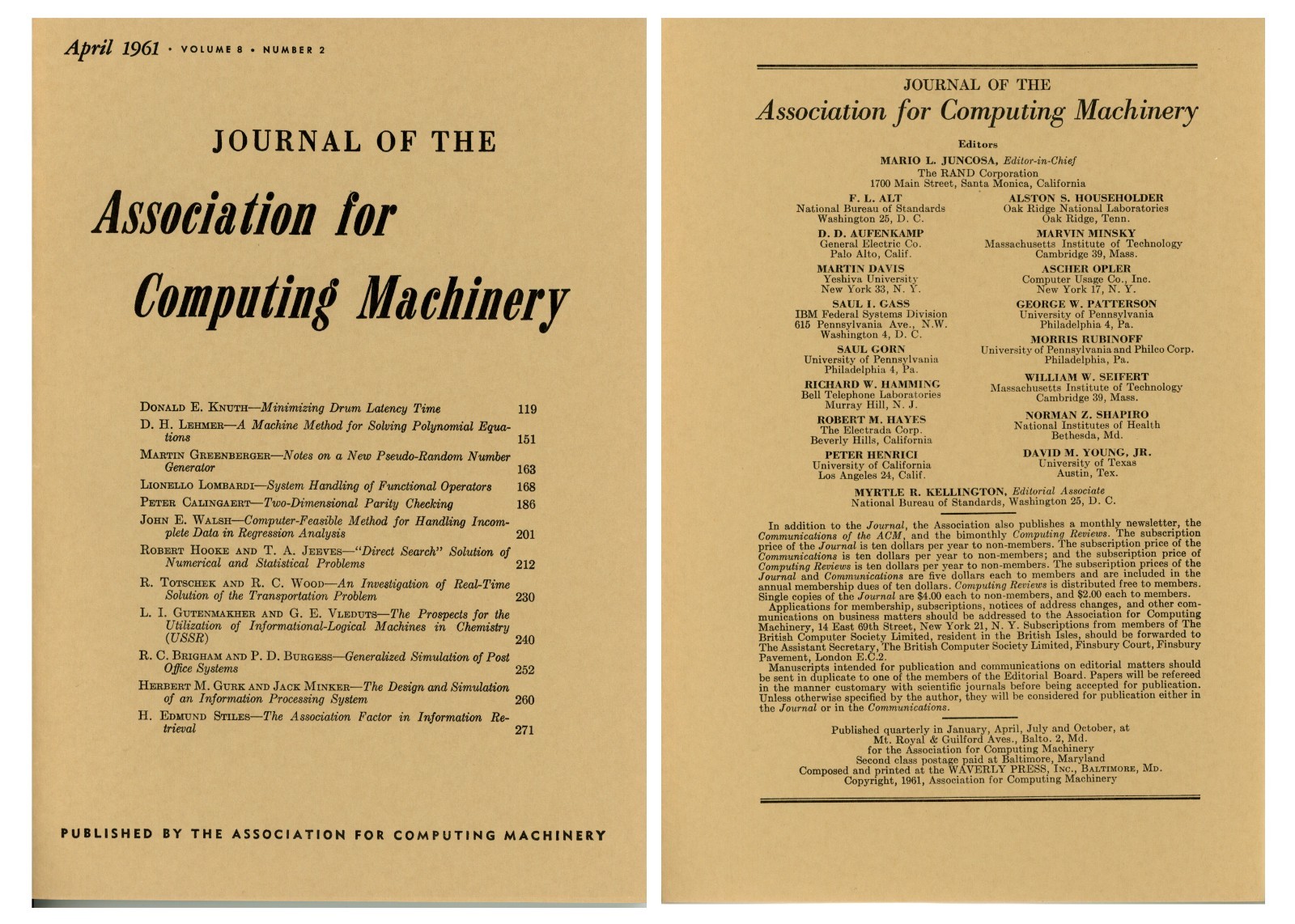 Vintage April 1961 Journal of the Association of Computing Machinery (ACM)