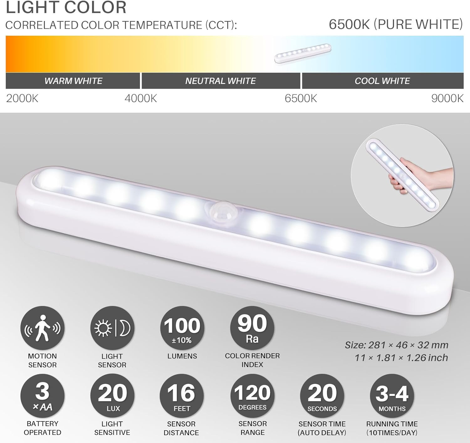 STAR-SPANGLED 11” Motion Sensor Lights Indoor AA Battery Operated, Stick on LED