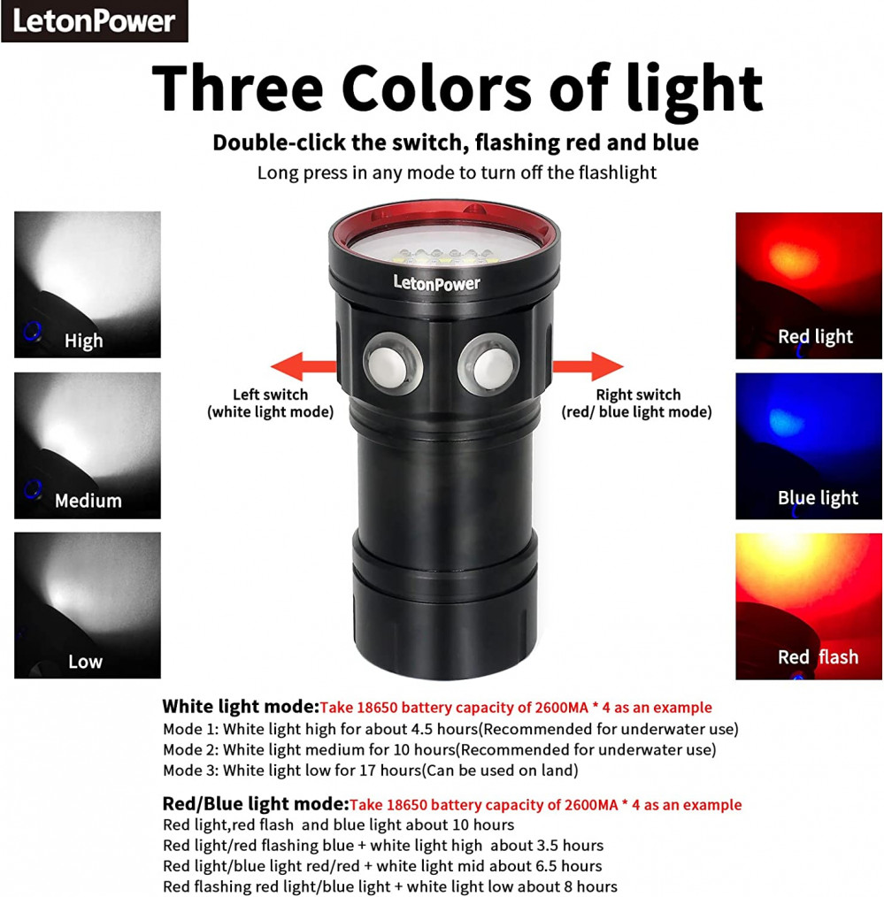 LetonPower Diving Flashlight 22800Lumens Super Bright Light White,red