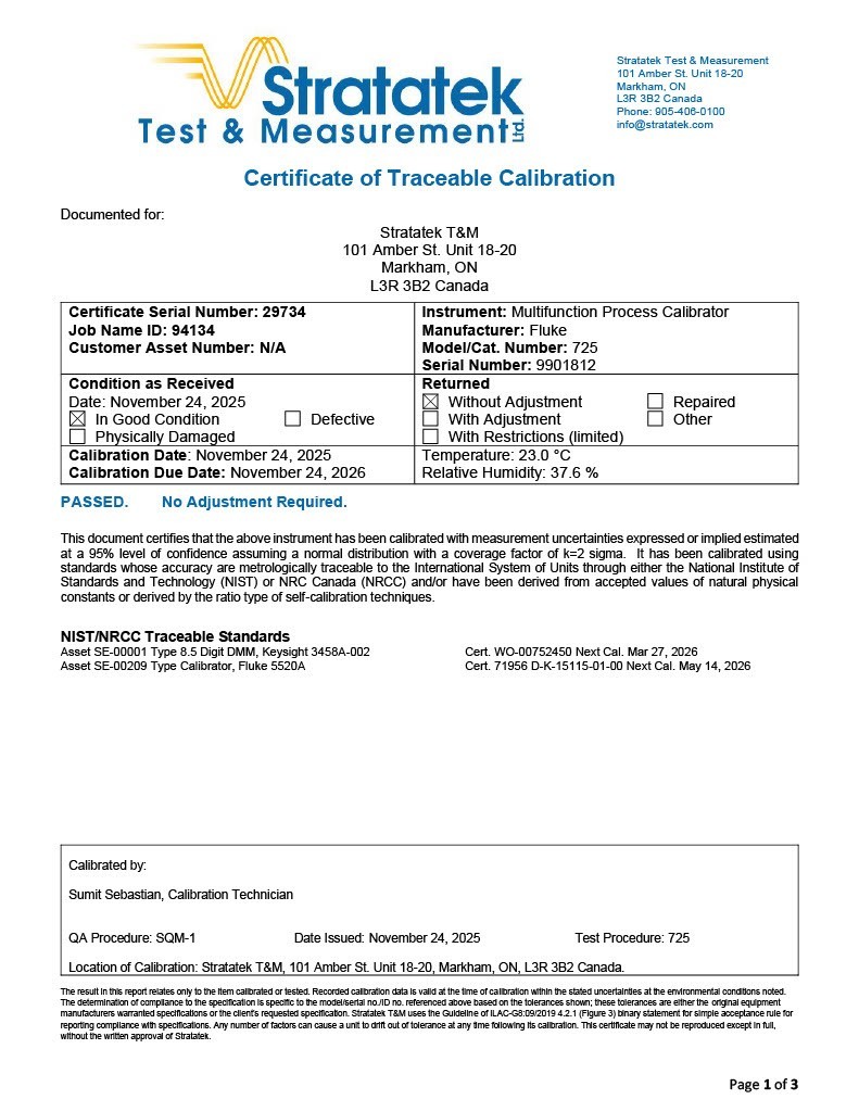 Fluke 725 Multifunction Process Calibrator - NIST Calibrated with Data