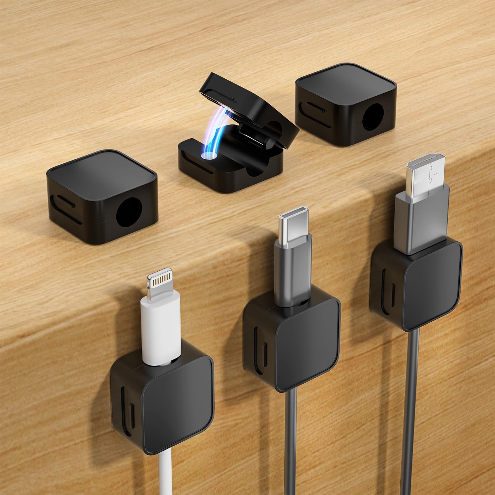 6 Black Magnetic Cable Clips,Under Desk Cable Management,Cord Holder for Nigh...