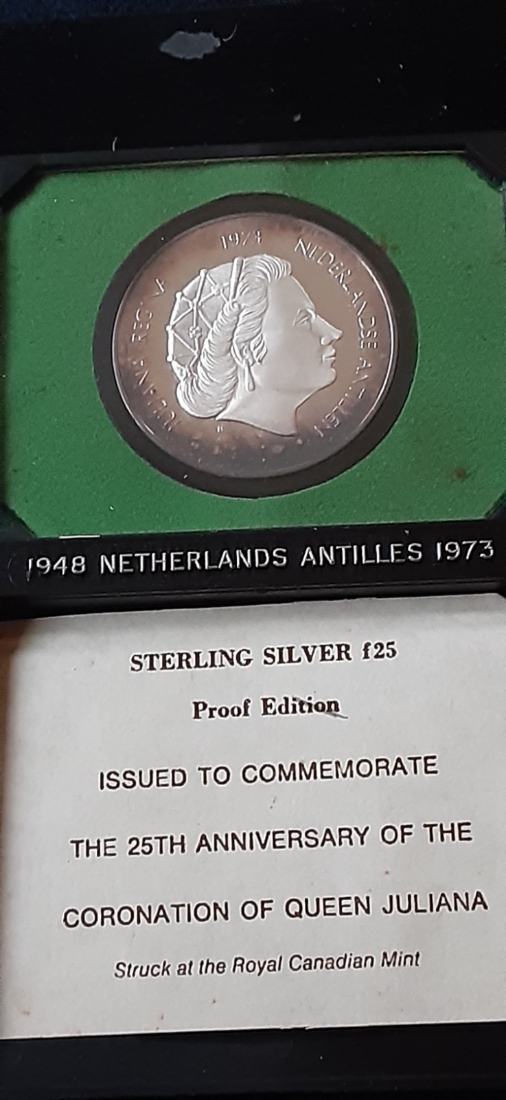 Netherlands Antilles 1973 Silver Proof 25 Gulden 1.25+ ASW, Mintage  20,207