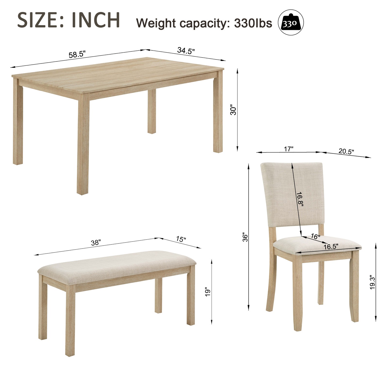 6Pcs Dining Table Set with Bench, Wooden Rectangular Kitchen Table Set Modern US