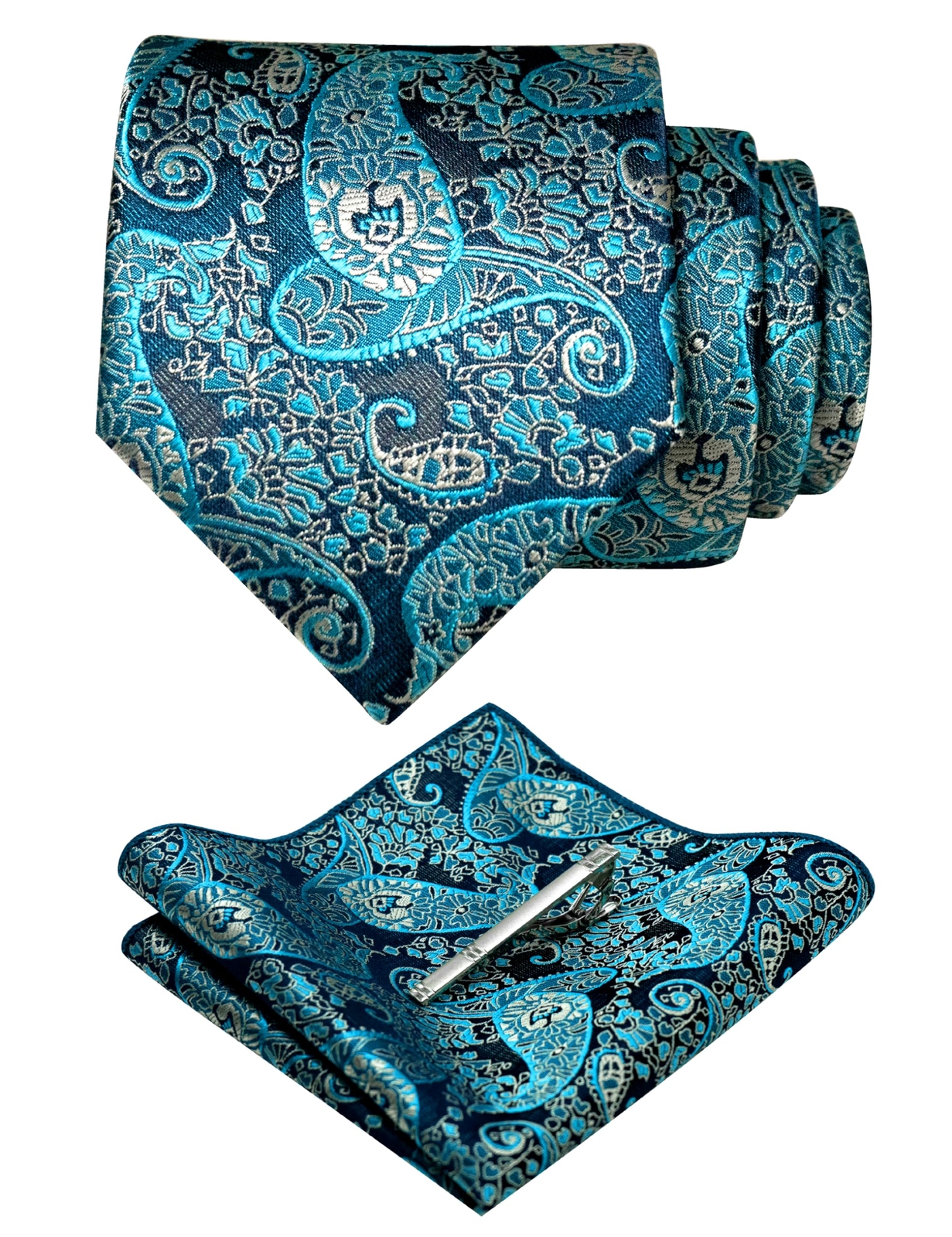 Mens Turquoise Paisley Tie and Pocket Square With Tie Clip Set for Business W...