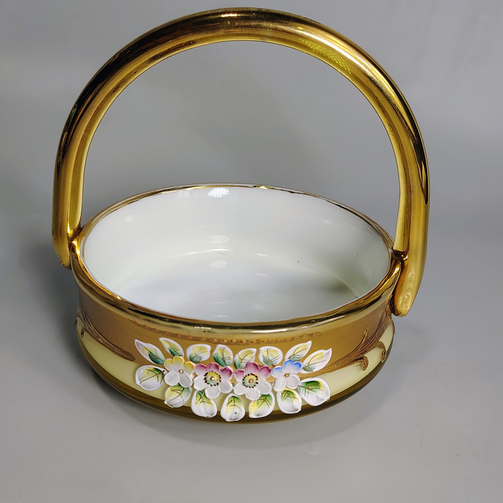 Beautiful Gold 3D Floral Candy Nut Trinket Basket Painted Glass Bohemian
