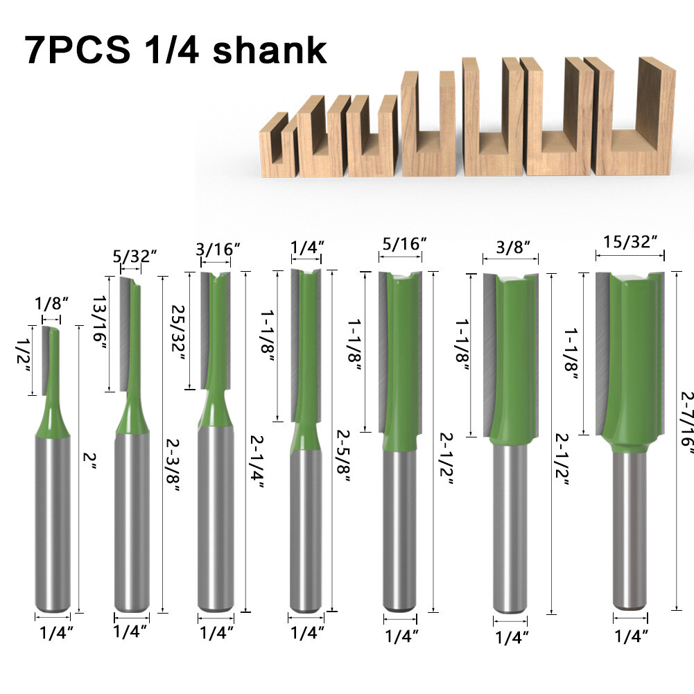 7Pcs 1/4" Shank Single Double Flute Straight Router Bit Tool Set For Woodworking