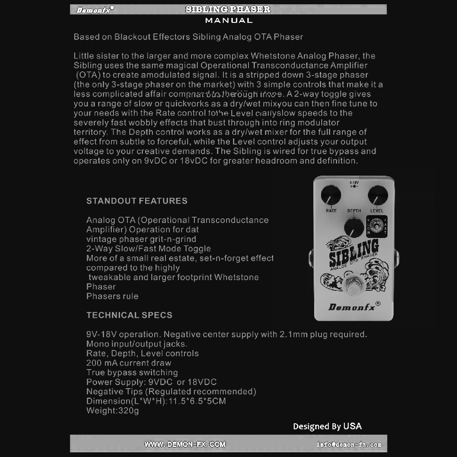 Demonfx SIBLING Analog OTA Phaser +PDC 3A Power Split Cable Guitar Effect Pedal