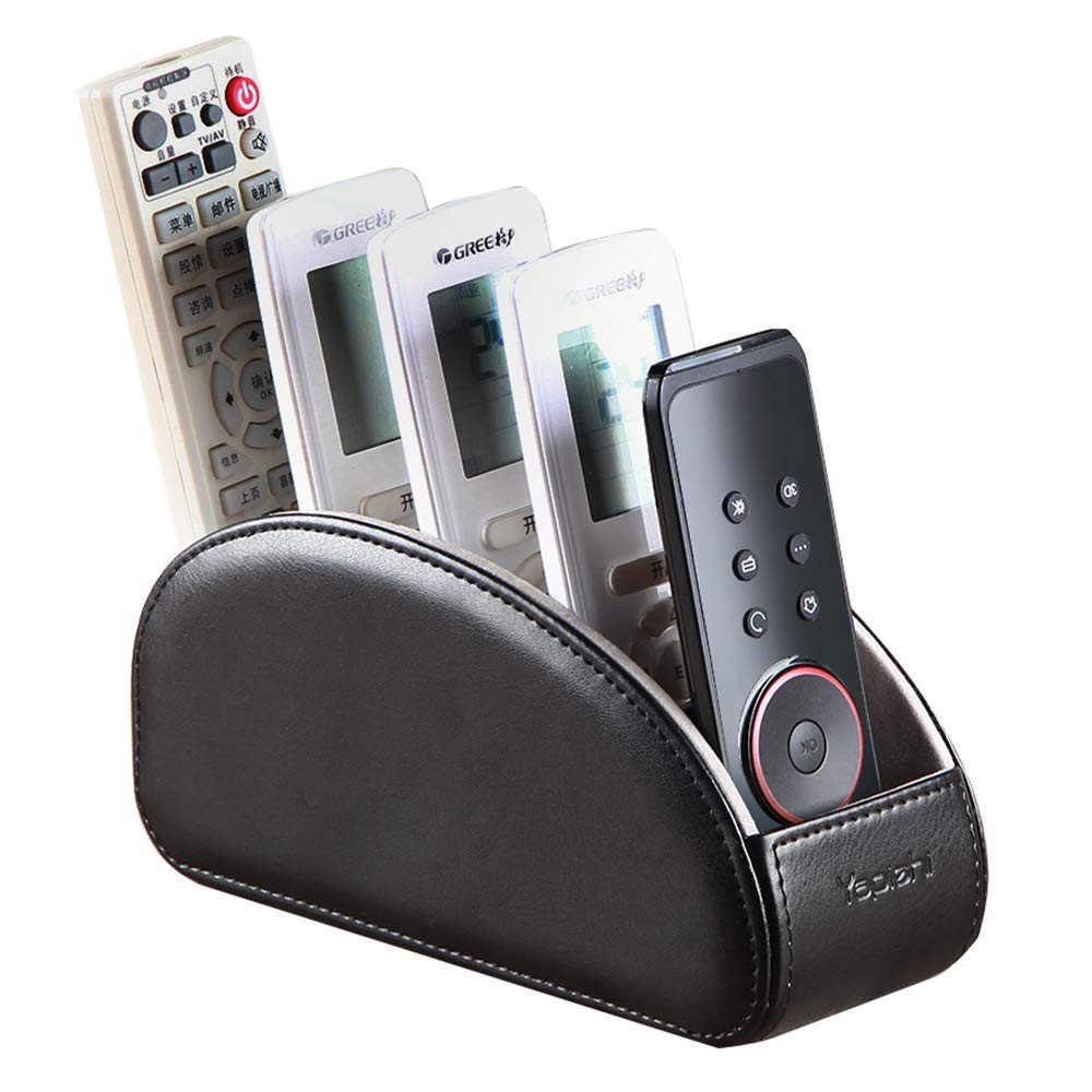 All-in-One Leather TV Remote Control Holder Black with 5 Compartments Nightst...