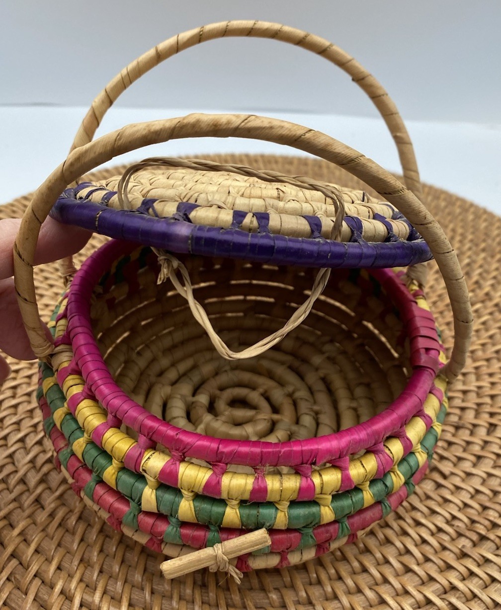 Hand Made Round Lidded Basket With Handles Locking Multi Color