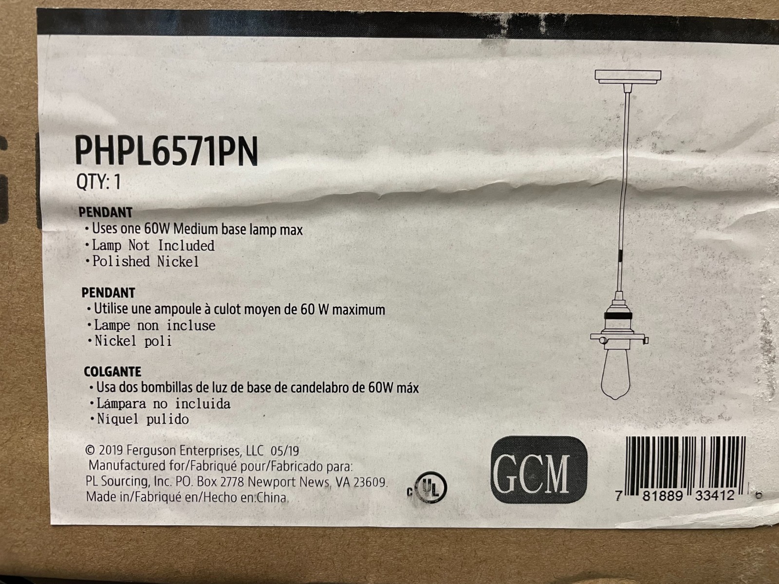 Park Harbor Single Light - POLISHED NICKEL- New - Pendant  Light NO GLOBE NIB