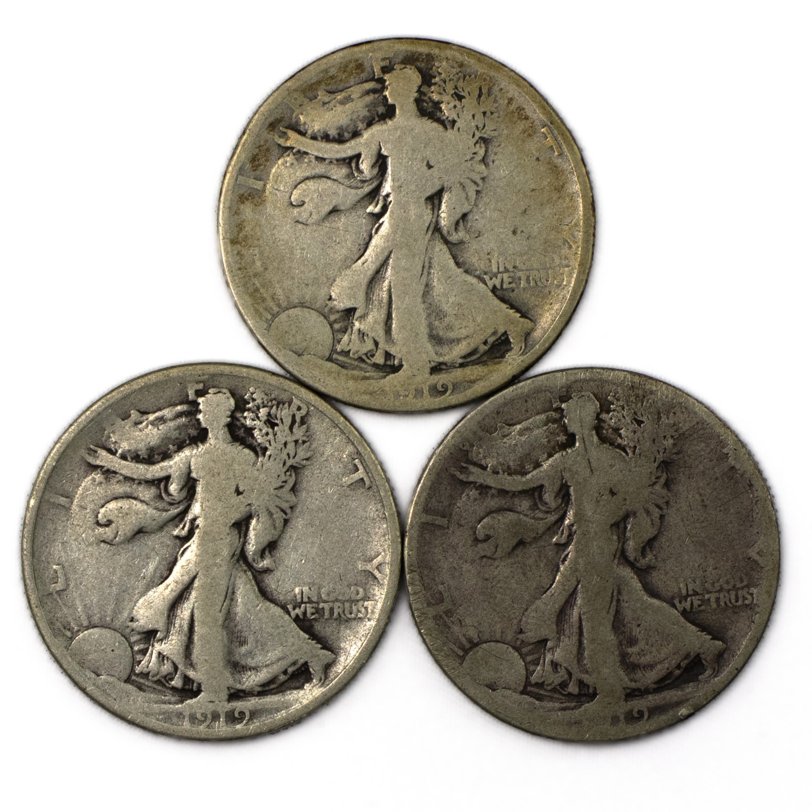 1919 P D S TRIO Set of Walking Liberty Silver Half 50c Good - Very Good G/VG+