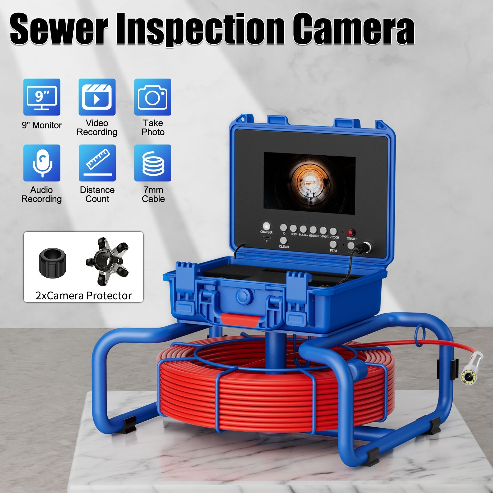 Pipe Inspection Camera 50M Sewer Drain Camera HD 7" Monitor w/ Meter Counter