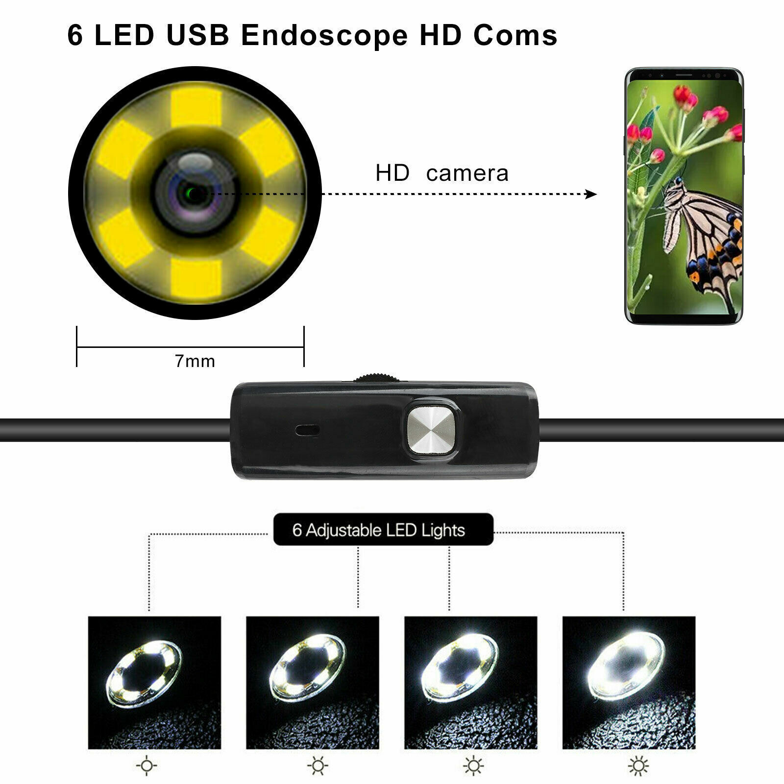 6LED Snake Endoscope Borescope 7mm HD Inspection USB Camera Scope for Android