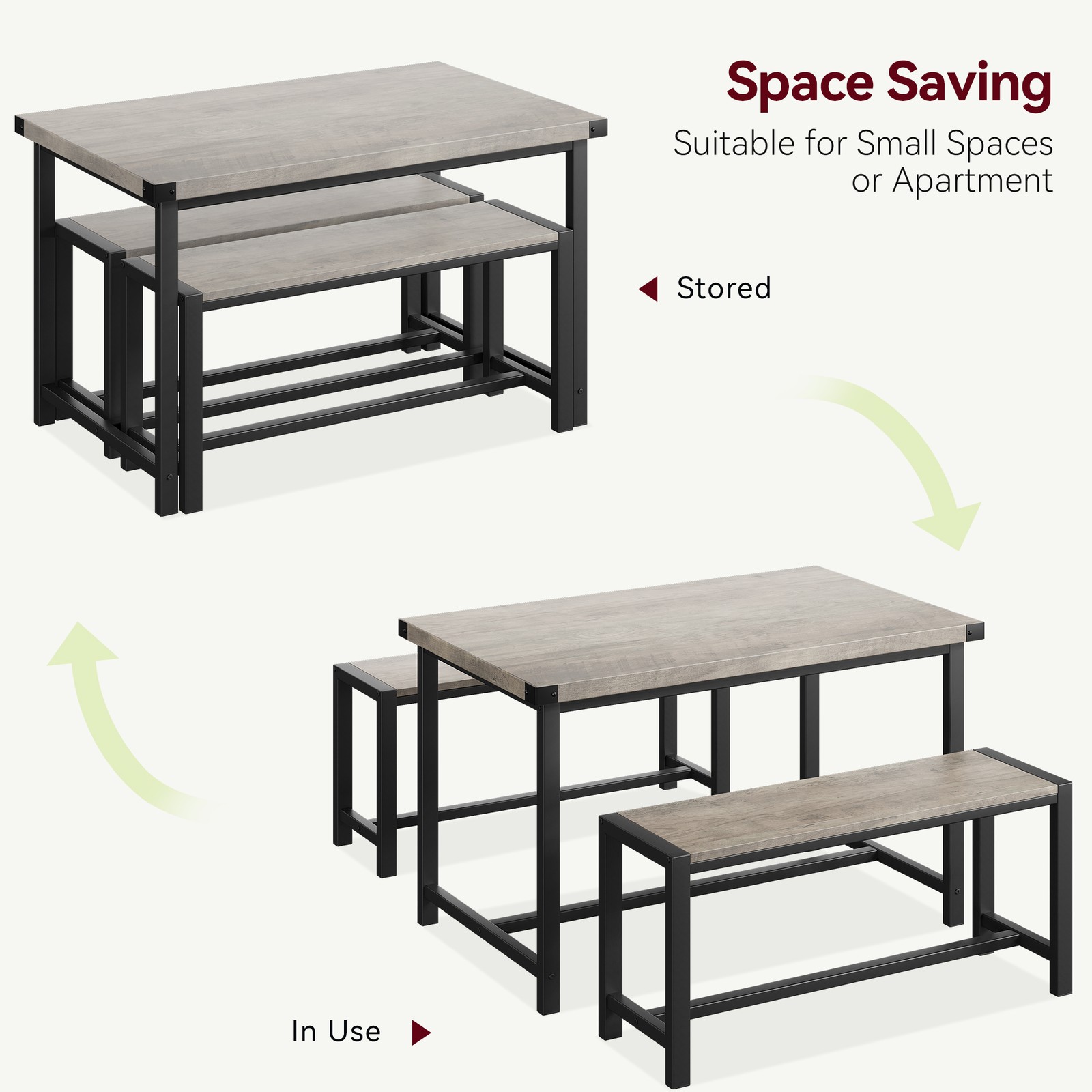 Dining Table Set for 4, Rectangular Kitchen Table with 2 Metal Wood Benches