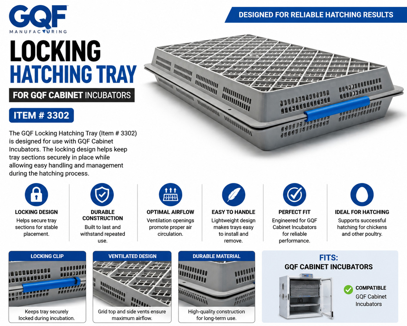 GQF Locking Hatching Tray 3302 for Cabinet Egg Incubator Poultry Hatchery
