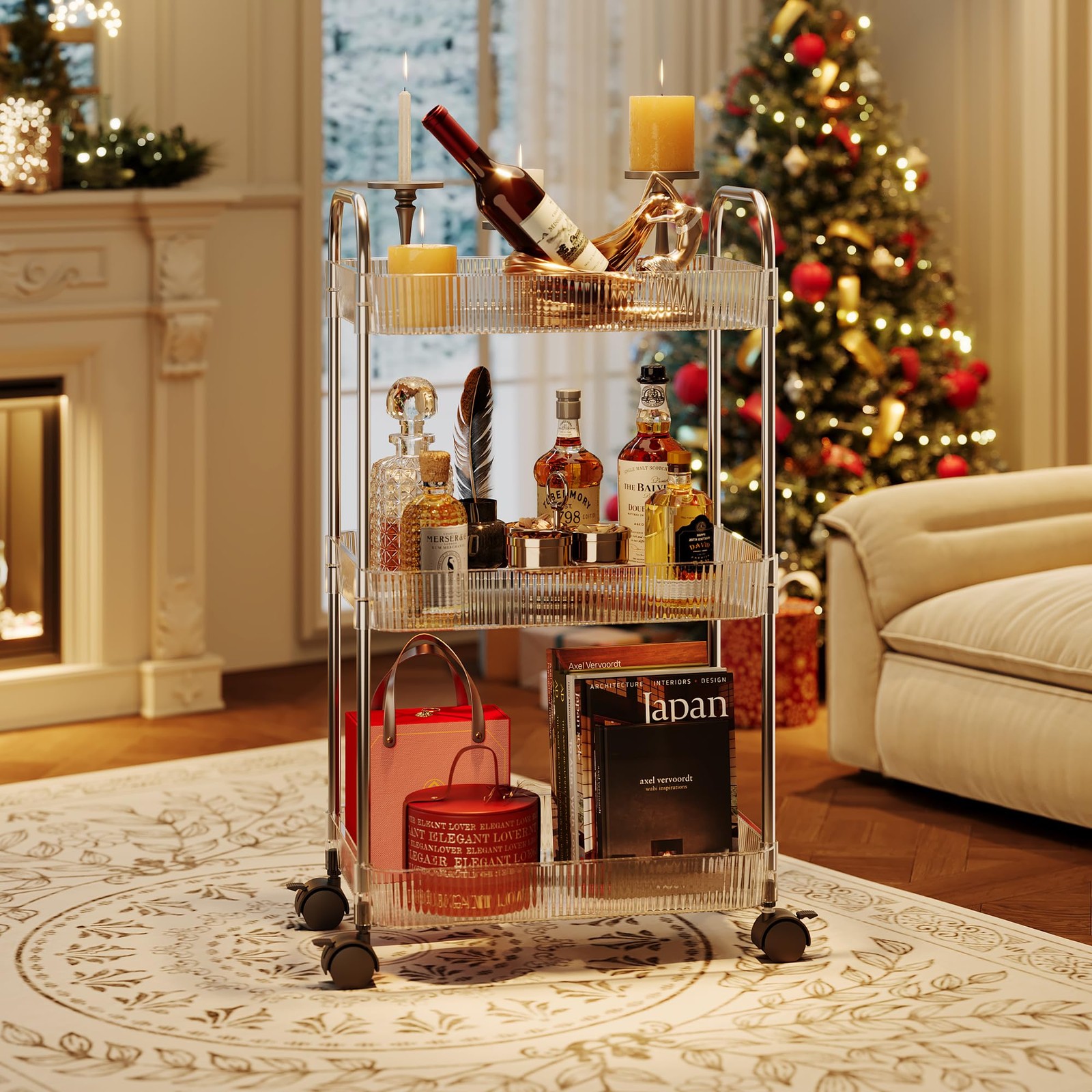 3 Tier Rolling Cart with Lockable Wheels, Clear Acrylic Utility Trolley with ...
