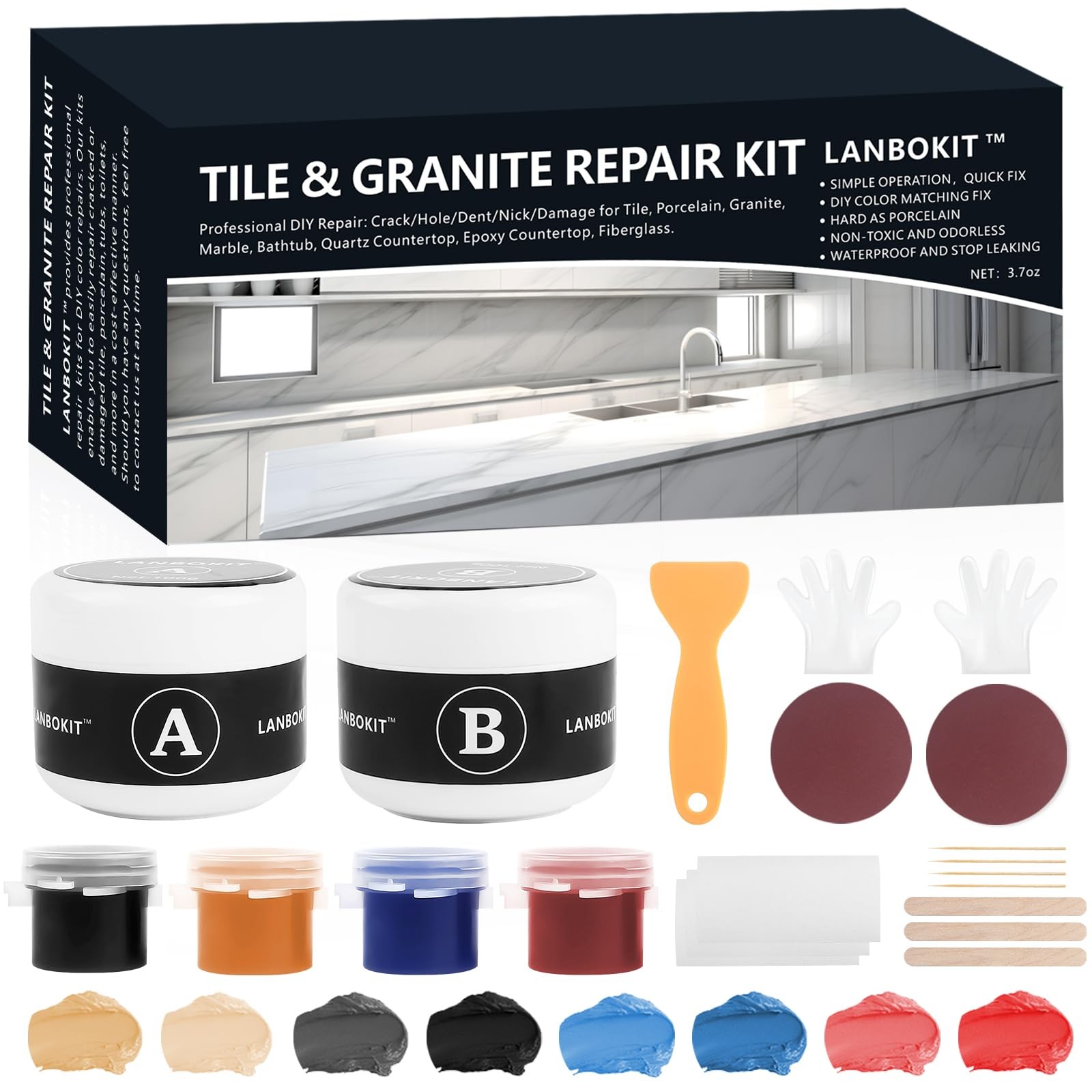 Tile and Fiberglass Tub Repair Kit, Black, Brown, Maroon, Blue, Gray, White