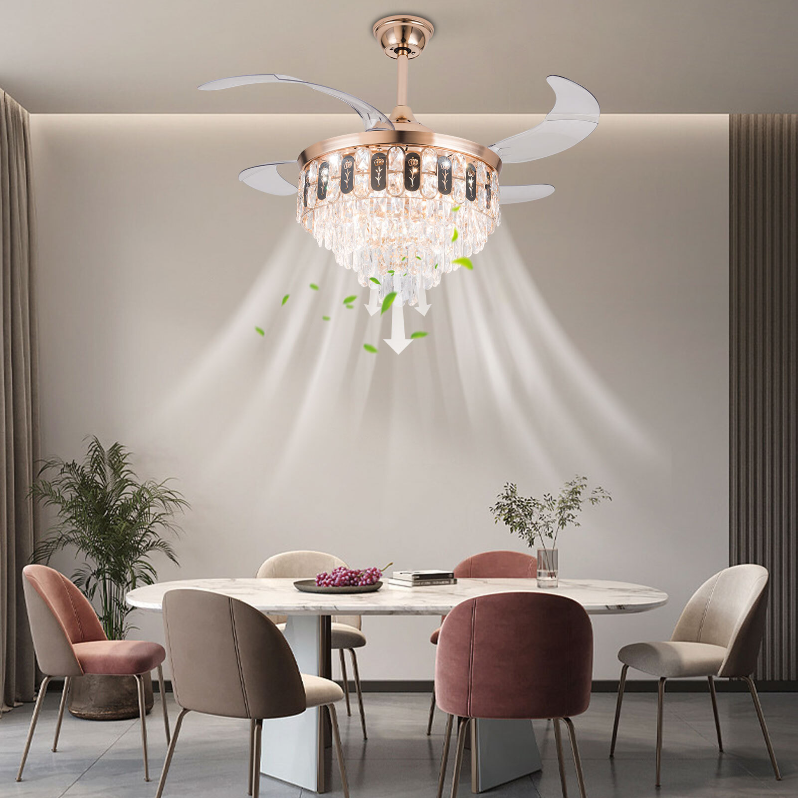 Crystal Ceiling Fan Light 6 Speed Modern LED Dimmable Pendant Lamp With Remote