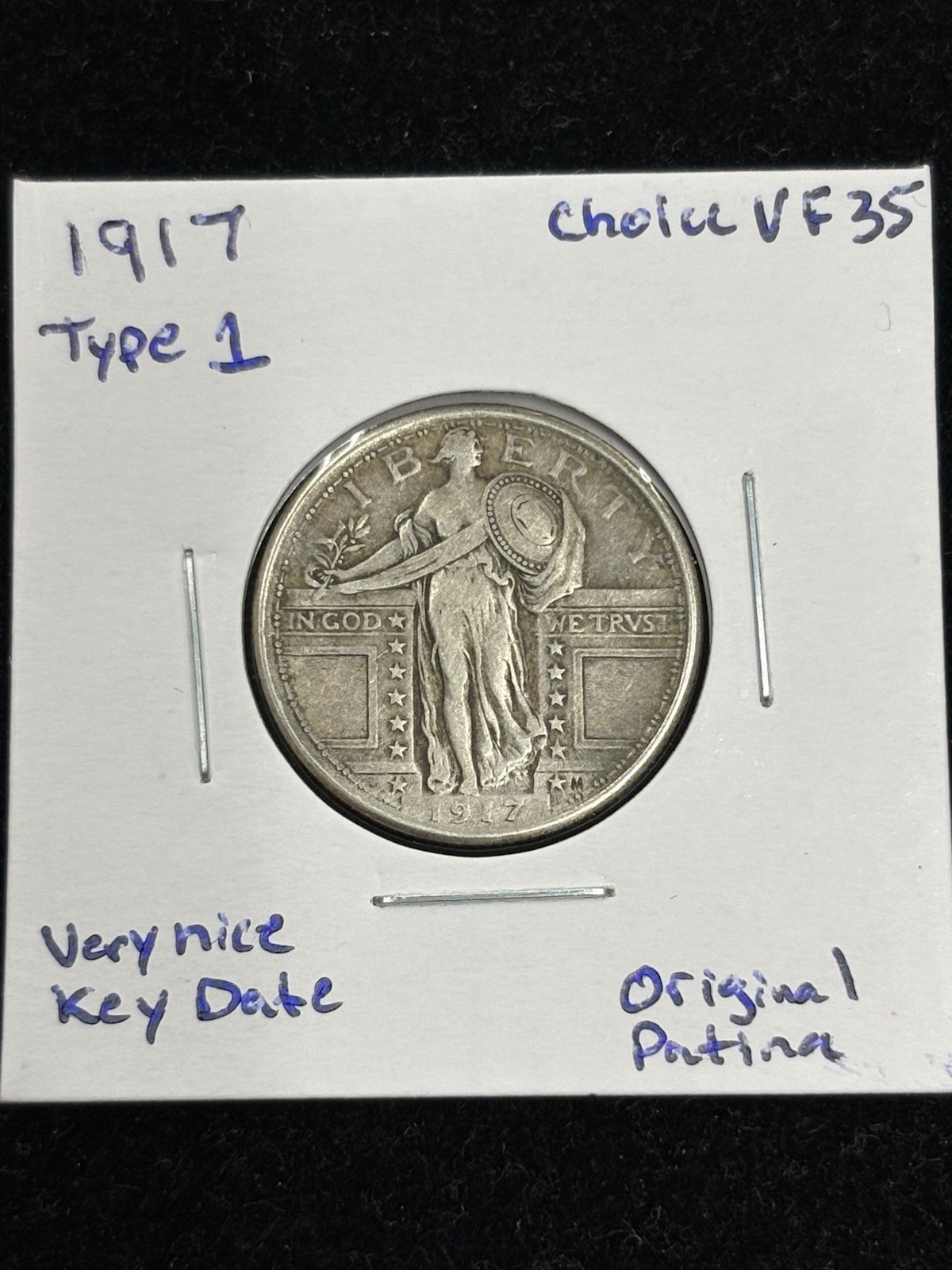 1917 Standing Liberty Quarter 25c Type 1 Choice VF+ Key Date, Original Patina