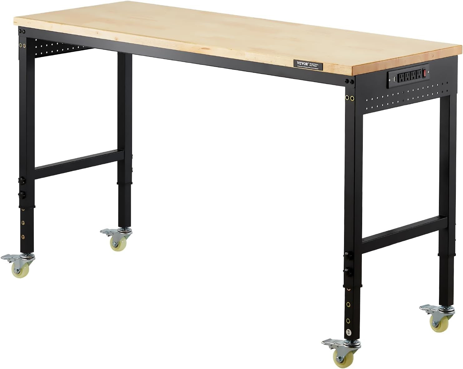 Adjustable Workbench, 60 Inch Work Bench with Power Outlet, Wheels, and Pegboard
