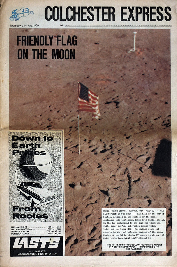 COLCHESTER EXPRESS NEWSPAPER 31 JULY 1969 . MAN ON THE MOON - FIRST COLOUR PHOTO