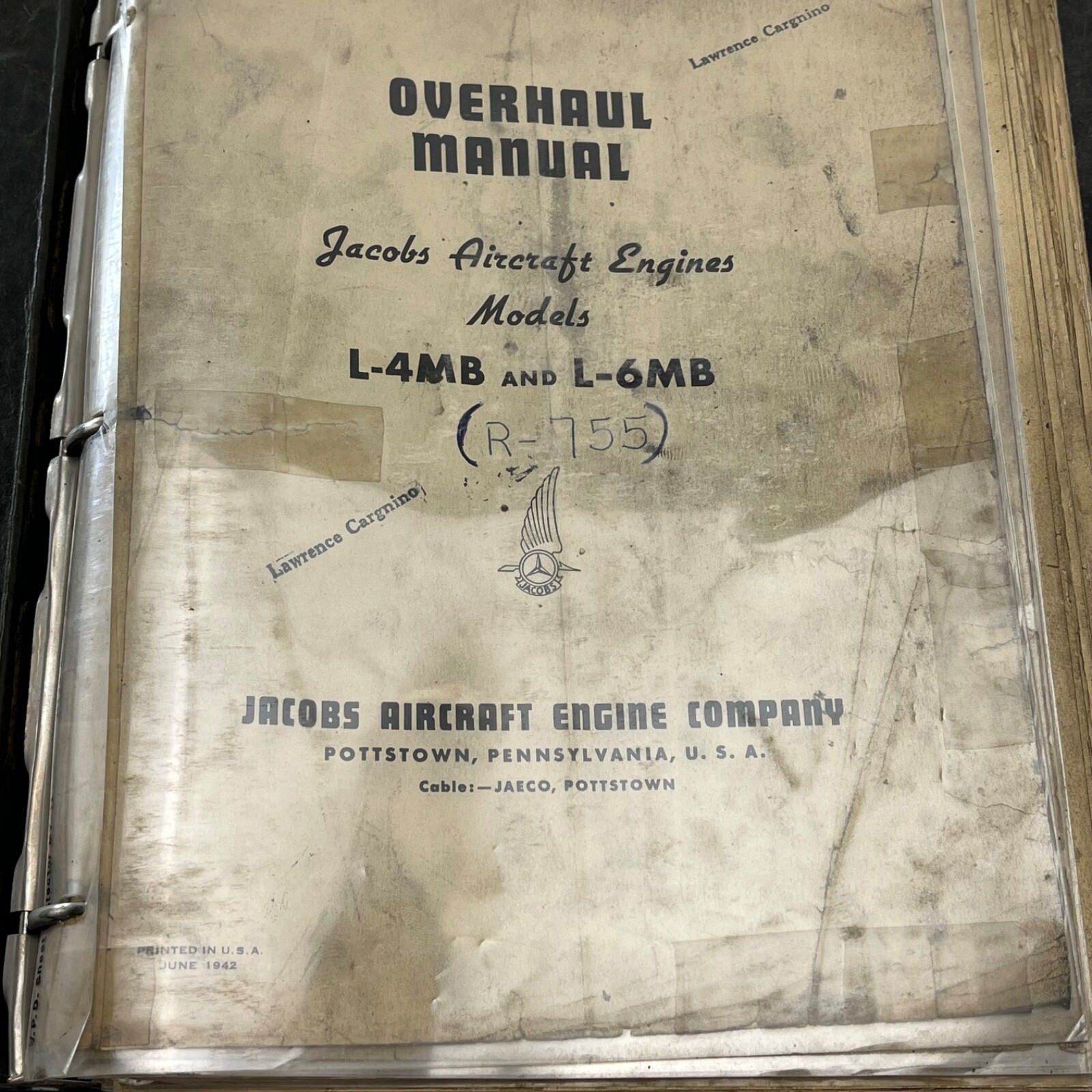 Jacobs Aircraft Engines Overhaul Manual L4MB L6MB R755 Original 1942