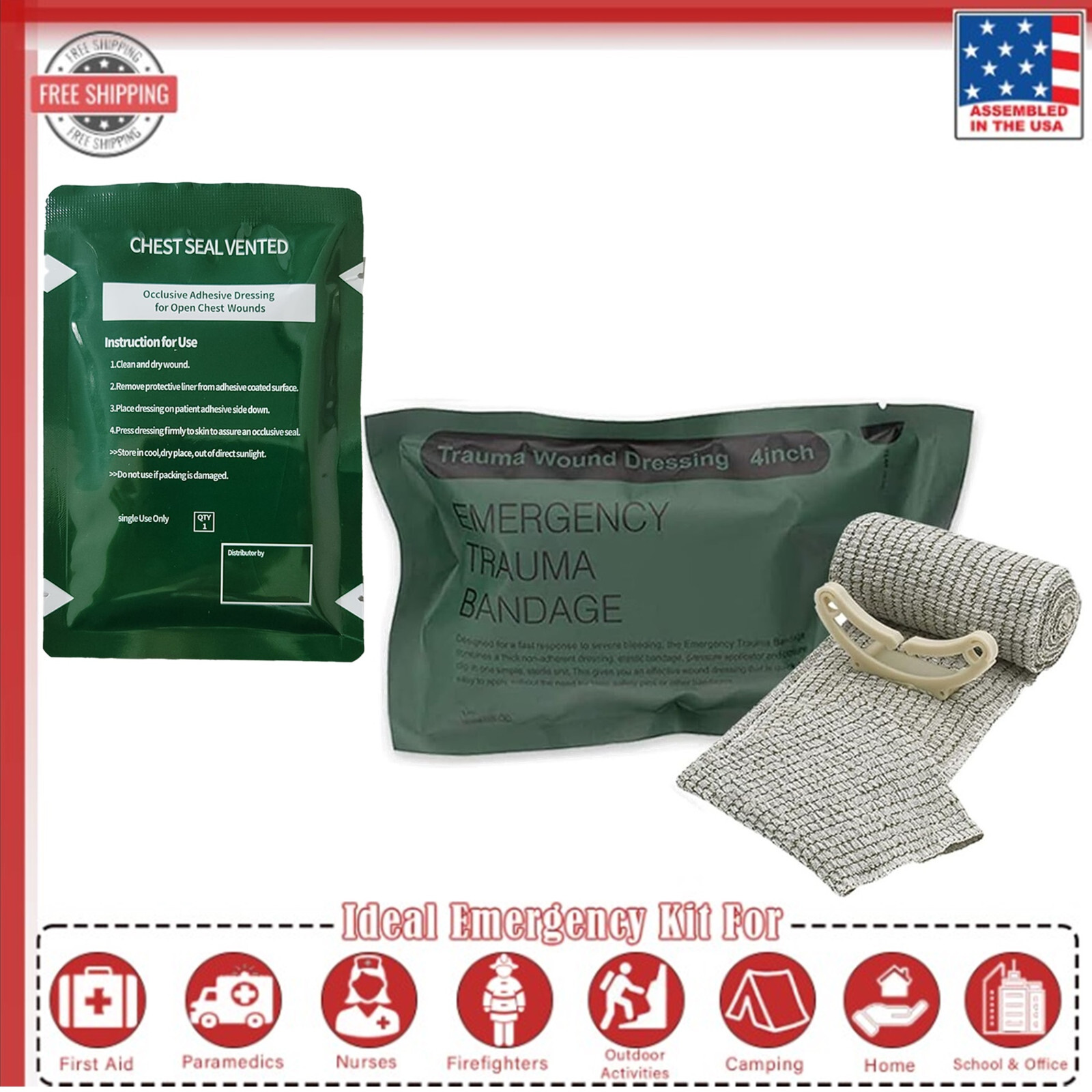 4" Trauma Bandage Emergency Israeli Style Battle Wound Dressing First Aid w/Seal