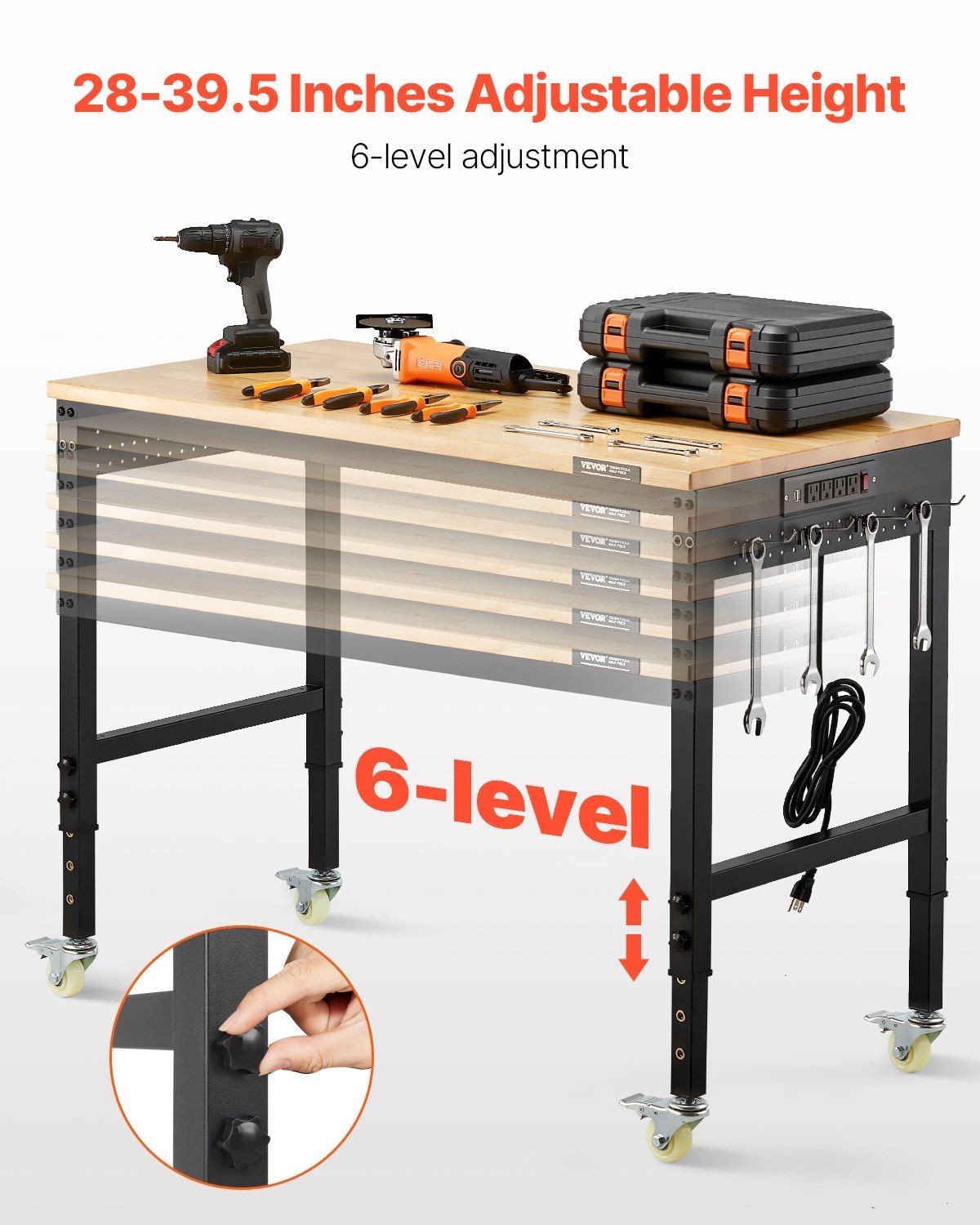 48in 2000lb Workbench with Power Outlet & Pegboard, Oak Top, Adjustable