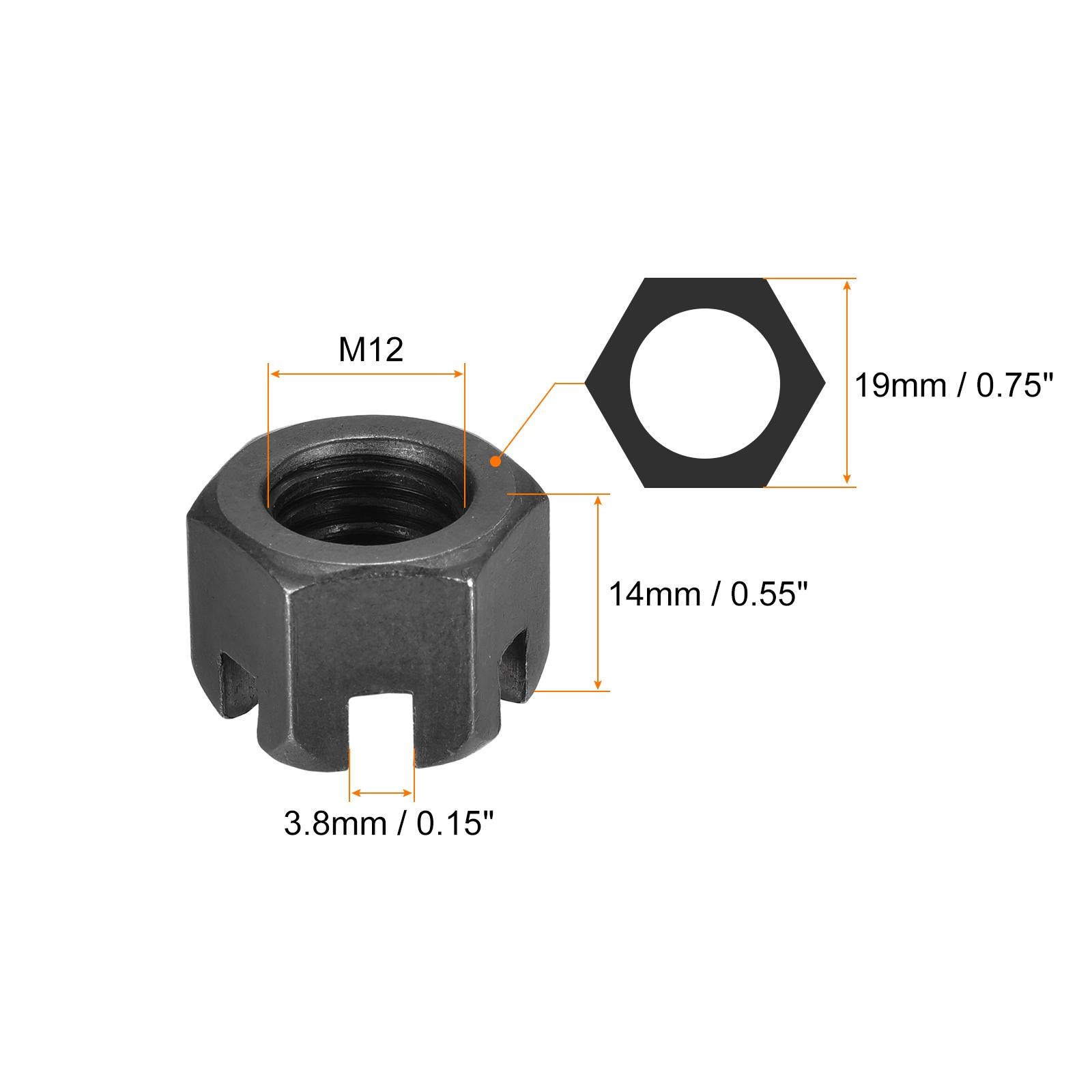 M12x1.75mm Hexagon Slotted Nut, Grade 4.8 Carbon Steel Nuts Black 10Pcs