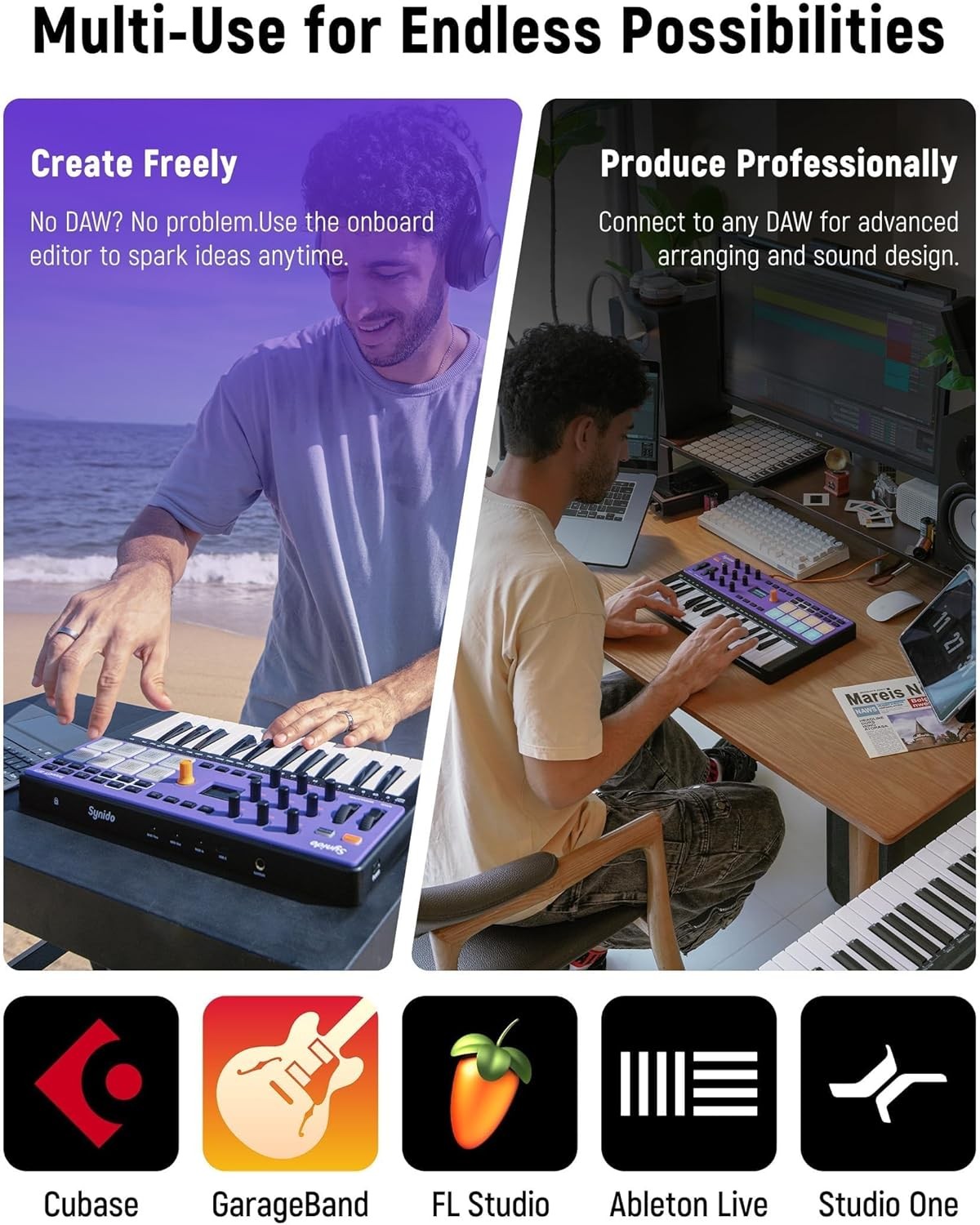 Synido USB C Rechargeable MIDI Controller Keyboard 25 Keys Wireless TempoKEY W25